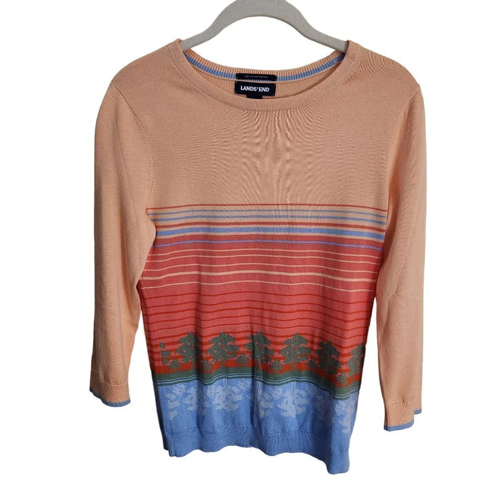 Lands' End Supima Cotton Unique Striped Tree Pattern 3/4 Sleeve Sweater Size XS